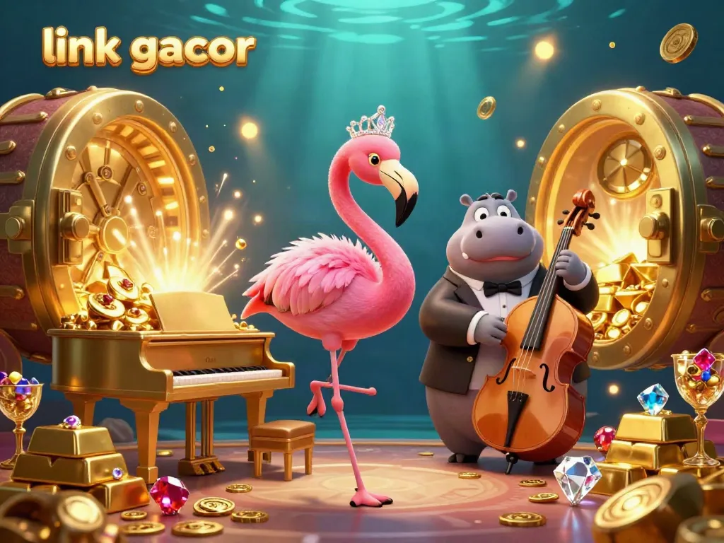 Experience the thrill of link gacor with a flamboyant flamingo singer and a cool hippo bassist surrounded by golden treasures.
