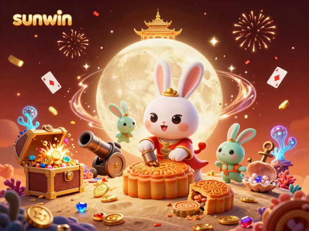 Experience thrilling gameplay with sunwin featuring a moon rabbit in a vivid casino scene filled with gold coins and poker chips.