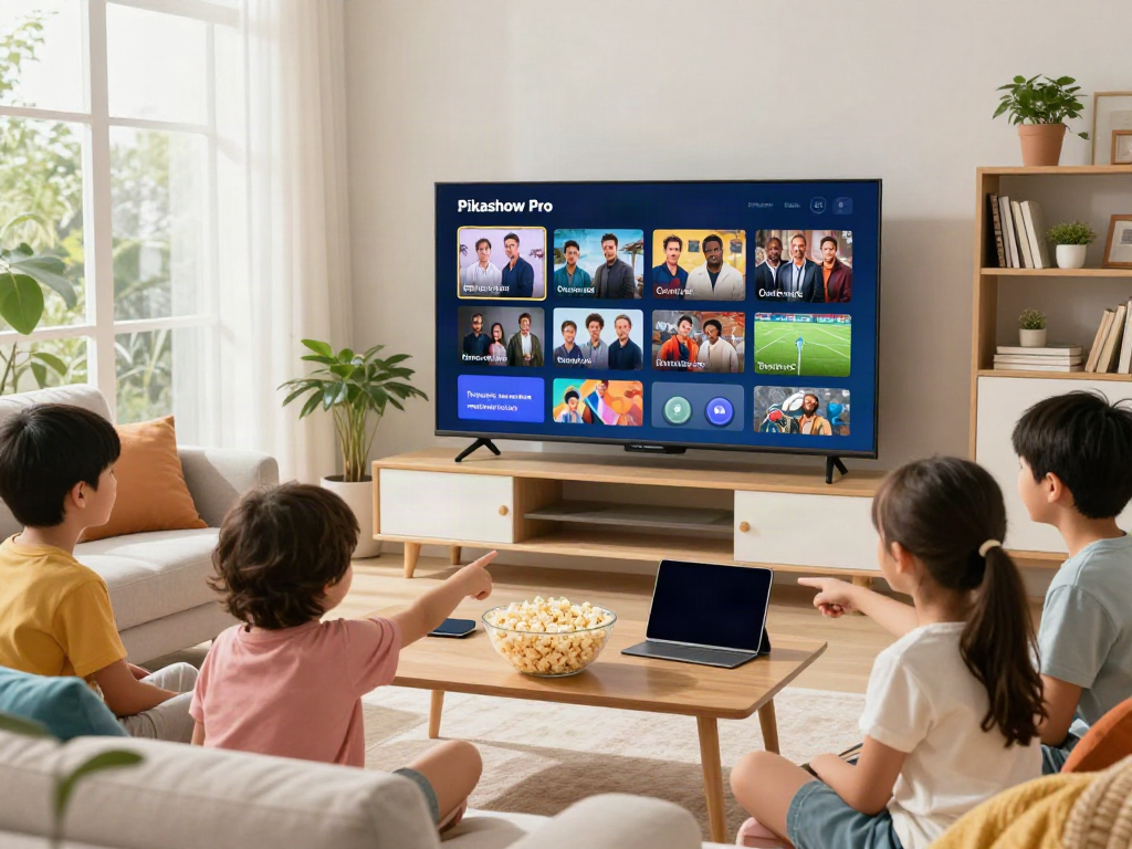 Family enjoying Pikashow Pro streaming various entertainment options in a cozy living room.