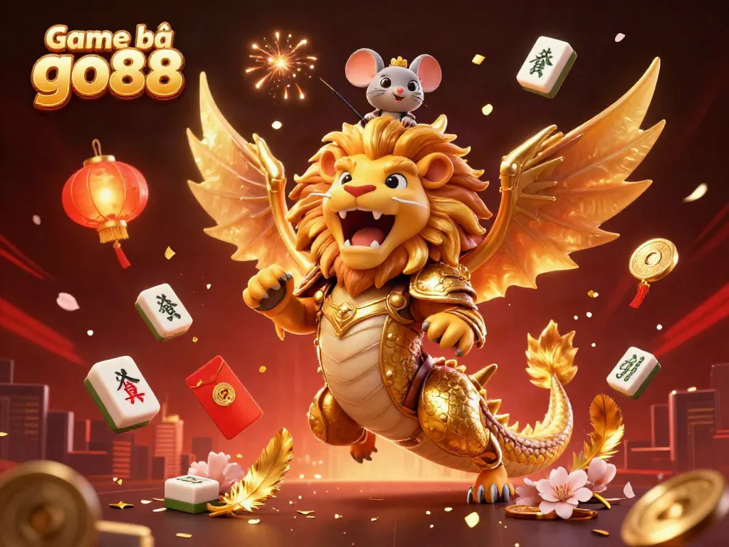 Engage with Game bài go88 as a chimera creature roars triumphantly with a mouse jockey amidst vibrant casino elements.