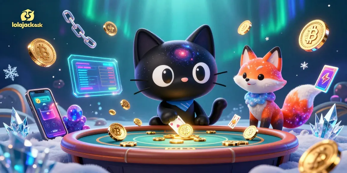 Experience the thrill of lolajack casino with cartoon characters pulling in golden chips and vibrant elements.