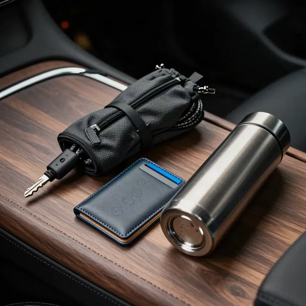 EV-laadset met kabeltas, RFID-wallet en thermos op walnootsteen in dramatisch licht