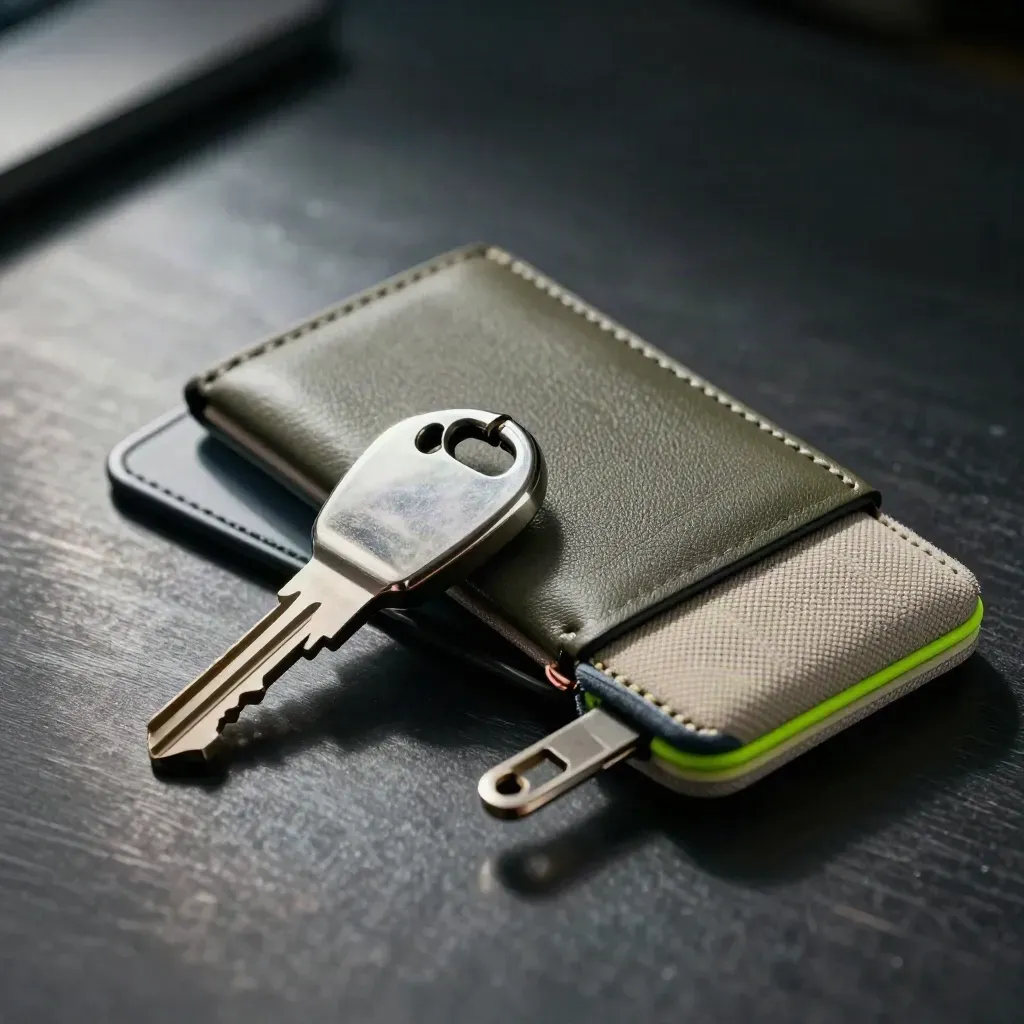 Close-up van een fleet fuel-card holder, sleutelfob en laadsleeve op donker geborsteld metaal.