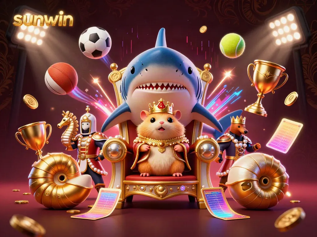 Place bets and win on sunwin's exciting 3D gaming scene featuring a golden hamster king and seahorse guards.