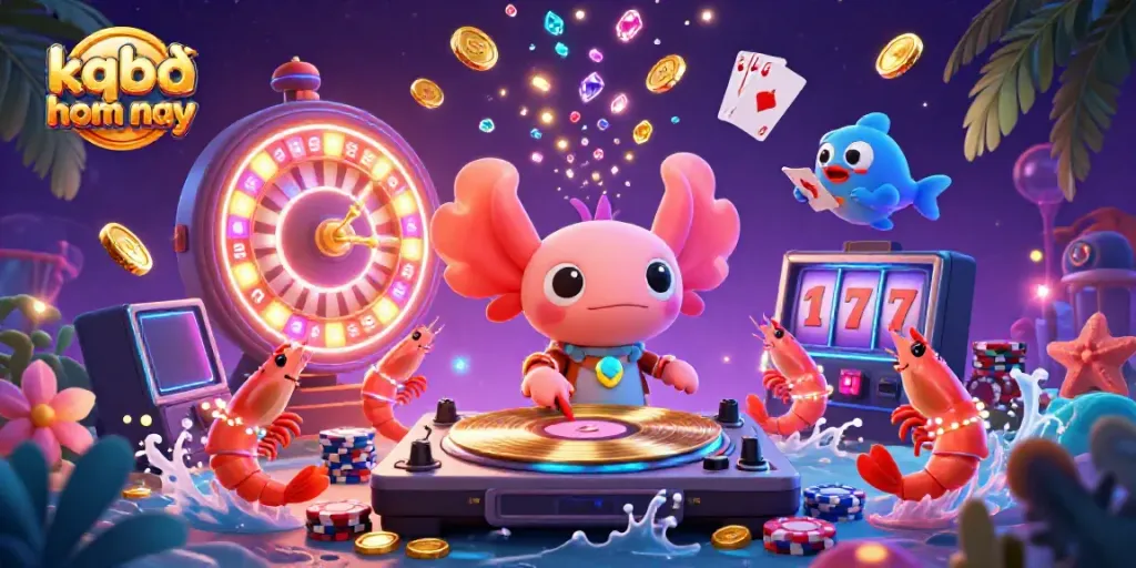 Experience kqbđ hom nay with vibrant underwater casino action featuring an axolotl DJ and lively ocean characters.