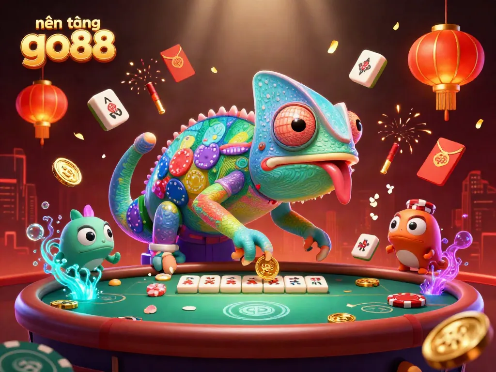 This vibrant scene captures the nền tảng go88, showcasing the dynamic chameleon casino owner amidst colorful elements of gaming.