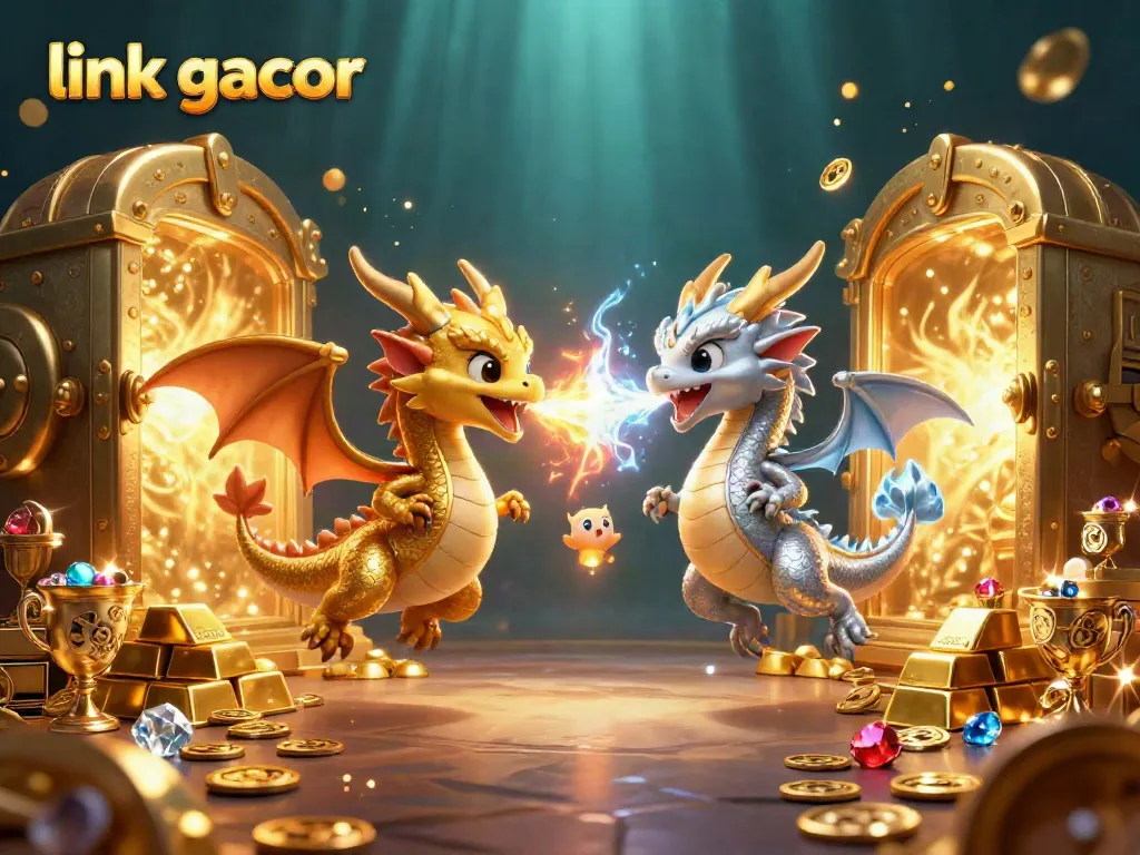 Engage with the link gacor scene featuring 3D dragons amidst golden treasures and vibrant casino elements.