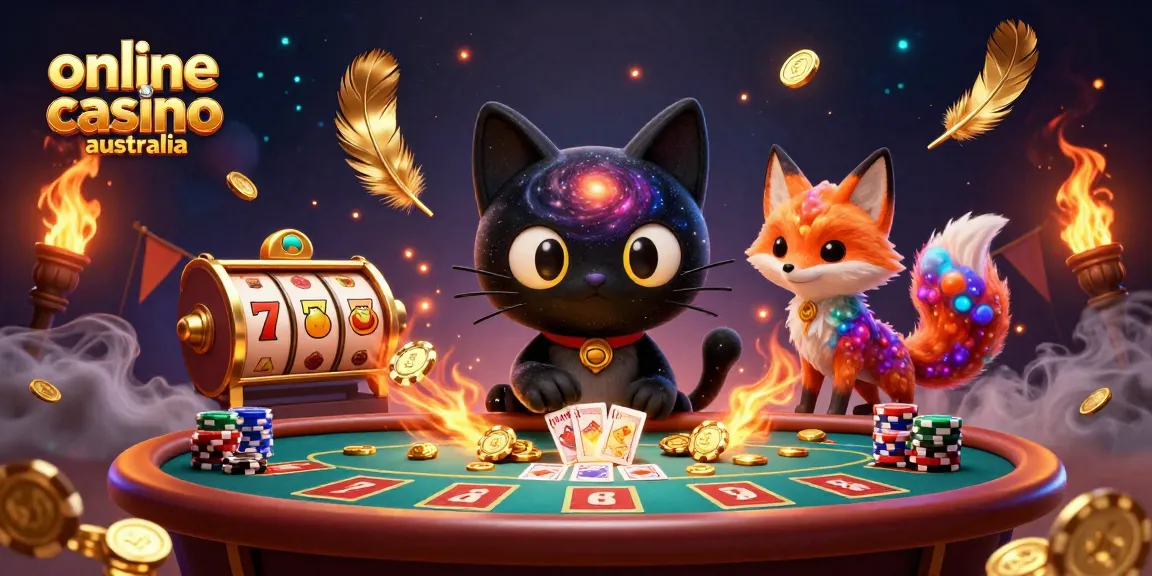 Experience the thrilling atmosphere of an online casino Australia with vibrant characters and spinning slots.
